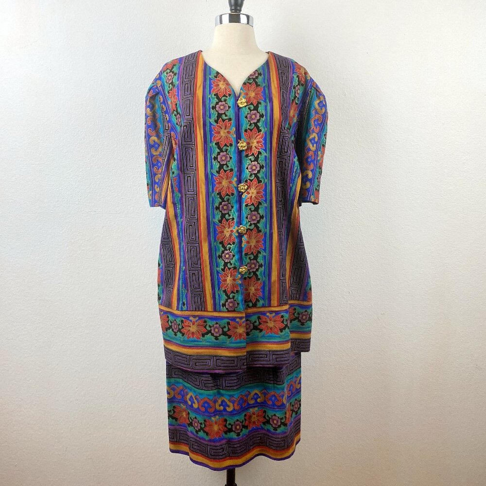 Vintage 80s Colorful Two Piece Dress Plus 20 Petites Tunic Skirt Modest Retro